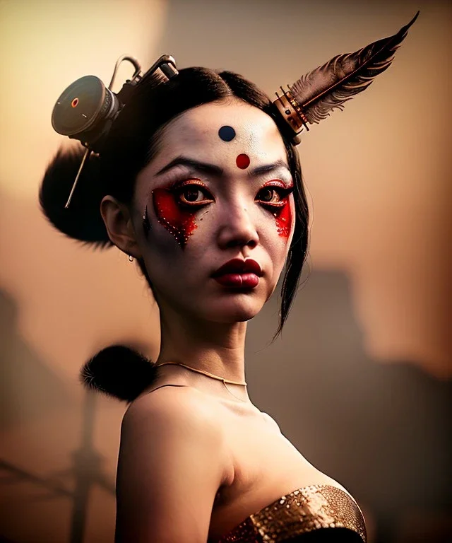 Surreal, steampunk , , cabaret scene. Geisha Asian woman. Sweat, Birds, Feather, smoking, happy, hot, color fog, people background, highly detailed, concept art, unreal engine 5, god rays, ray tracing, RTX, lumen lighting, ultra detail, volumetric lighting, 3d, finely drawn, high definition, high resolution.