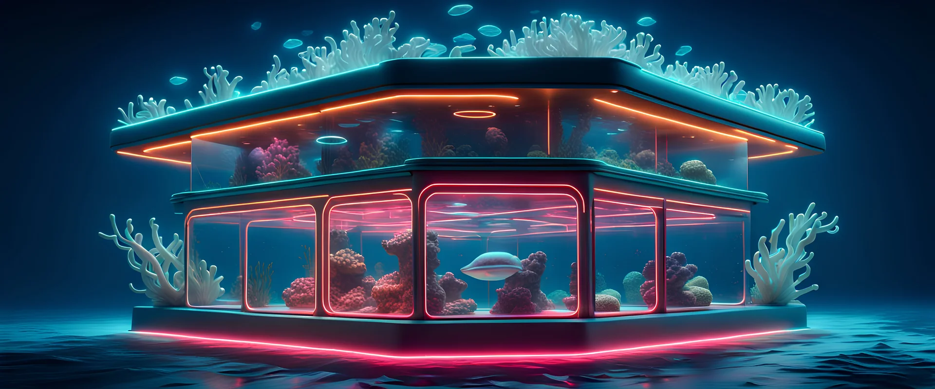 Immersive Underwater Observatory, hyperrealistic 16k, 3d rendering, expressively detailed, dynamic light, neon lighting,