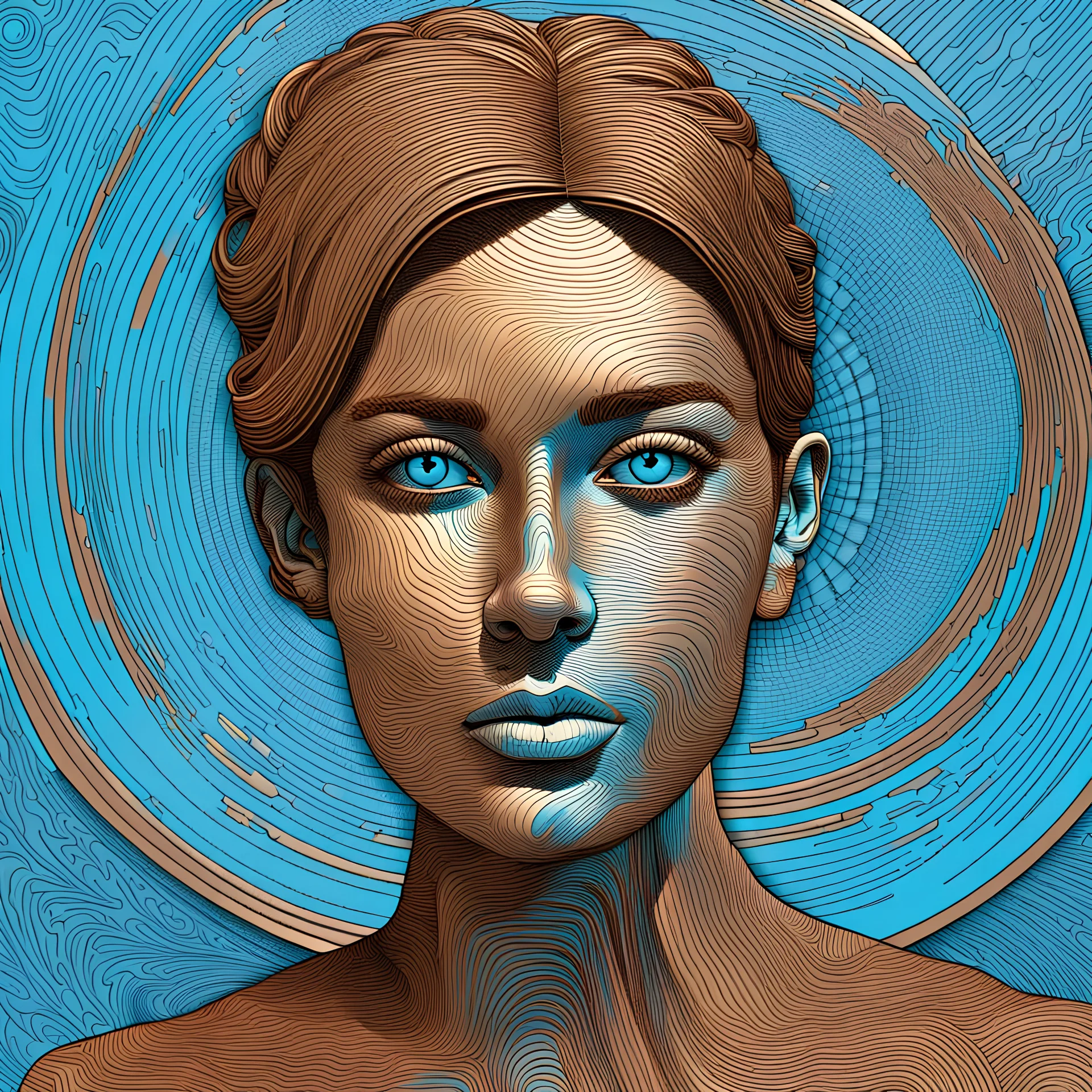 doodle art 3D, in the style of pop art-inspired portraits, interference patterns, light sky-blue and bronze, realistic hyper-detail, engraved line-work, graphic novel --ar 63:128 --stylize 750 --v 6