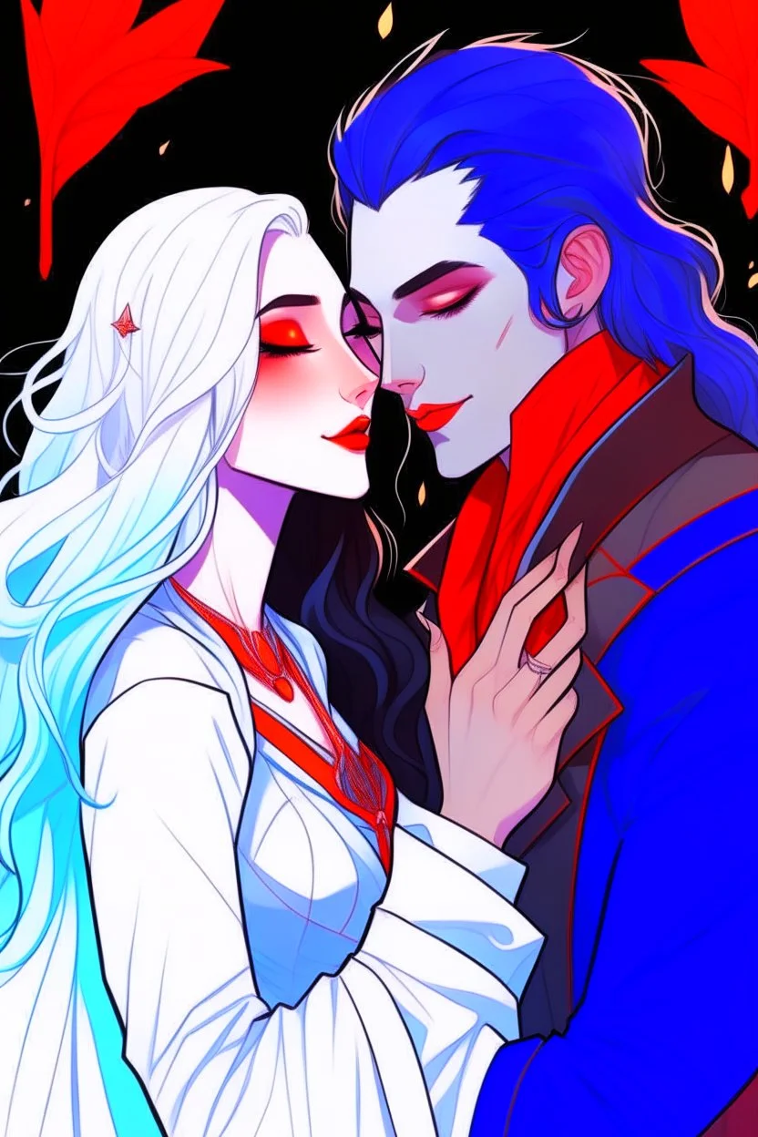 A couple from the dnd game curse of Strahd. The woman has long white hair and blue eyes, the man has LONG BLACK hair and red eyes, no facial hair. KISSING