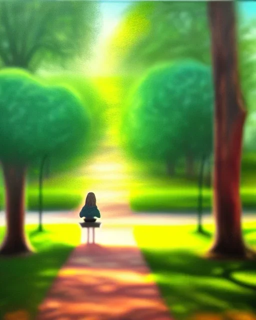 park mystical dream, park bench, man, woman, child, dog, trees, path, bird, sunshine, mystical, fantasy, romanticism, pastel colors, daylight, daytime, acrylic painting, detailed, soft focus,