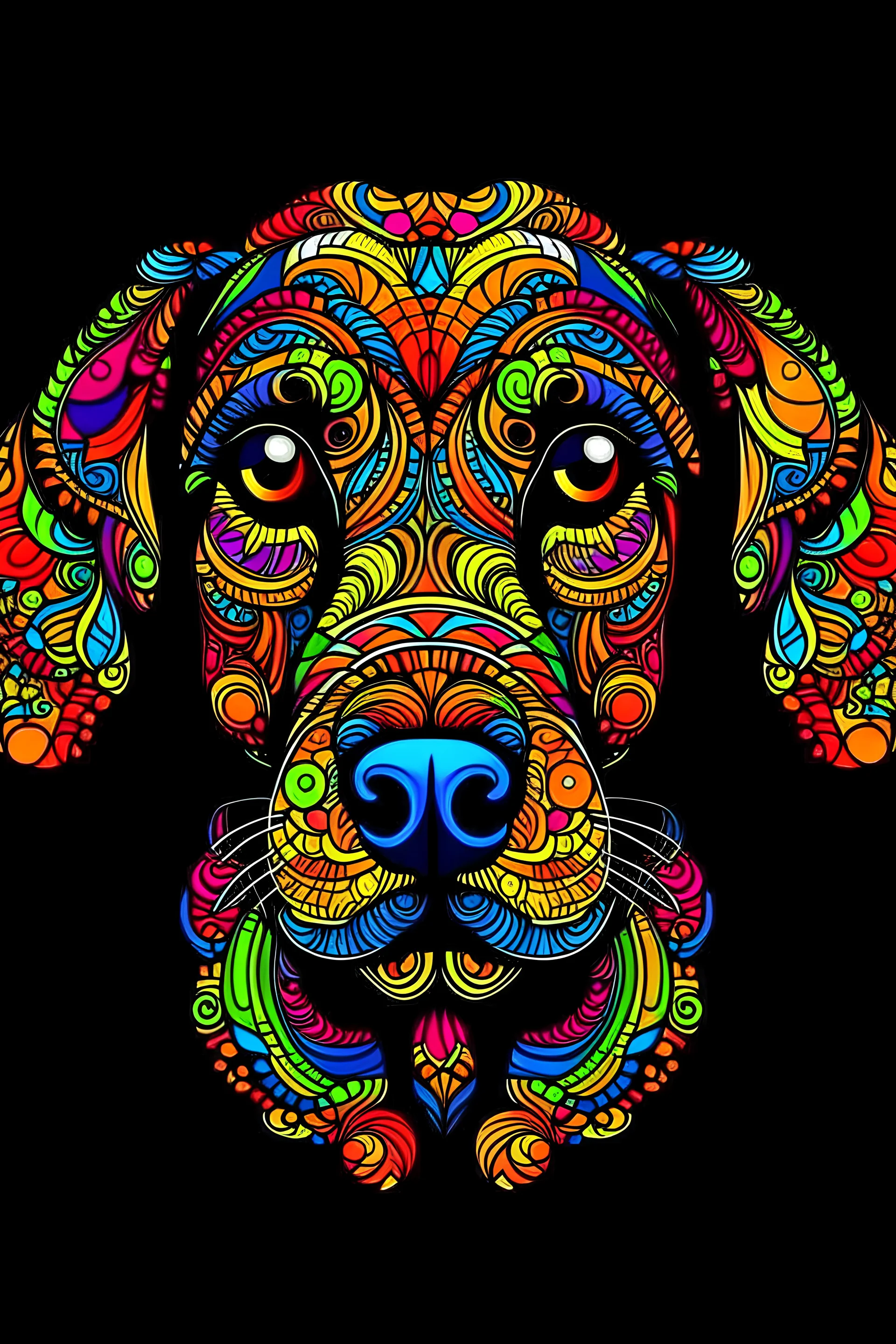 a cute dog, vivid colors, crisp line art , black background , aspect ratio = 2:3 , mandala