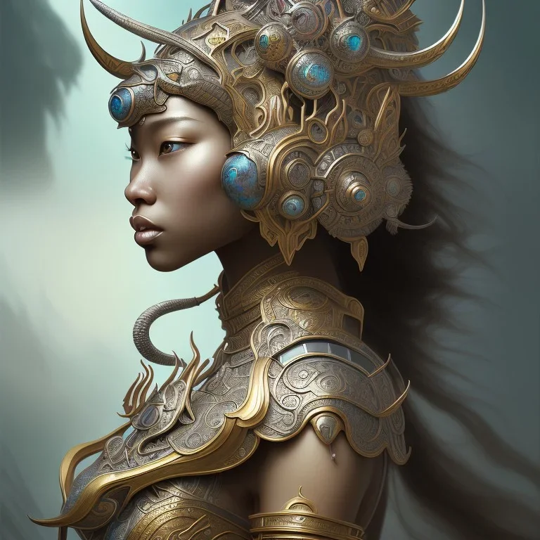 Sango fantasy, fantasy magic, intricate, sharp focus, illustration, highly detailed, digital painting, concept art, matte, art germ and Paul Lewin and Kehinde Wiley, masterpiece Indonesian lady head bronze tiger Asian African girl nice breast Hawaiian hair turquoise silver waves