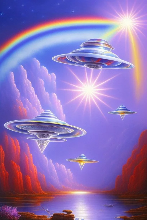 intergalactic very beautiful ufo rainbow futurist,mother ship pleiadien,crystal and light