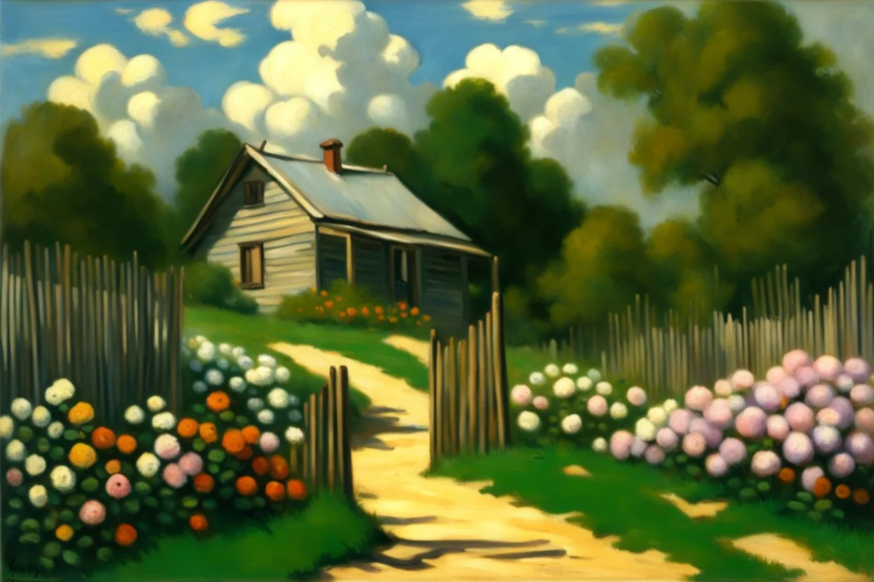 Clouds, cabin, spring trees, little pathway, fence, flowers, frederic bazille impressionisn painting