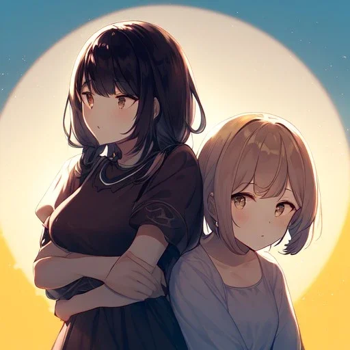 Clear Focus, High resolution, 2 girls hugging, the two girls is a human version of sun and moon, sun if happy and moon is sad, sun in the background