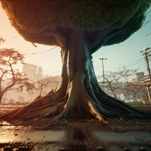 Cyberpunk theme, portrait of Oak tree roots holding man inside, misty sunny day, close-up portrait, symbios