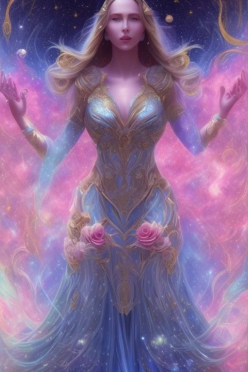 Create an image of a full body cosmic Goddess. The goddess should be depicted as a beautiful and powerful figure, surrounded by cosmic stars. Her hair should be long, blond and flowing, and she should be dressed in a flowing gown blue celestial robe. In the background, include imagery of pink flowers, blue sky,trees. The image should evoke a sense of joy, celebration, and spiritual connection to nature.