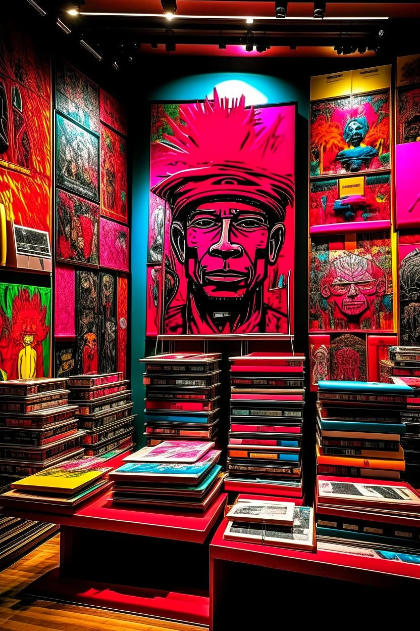 A magenta psychedelics library with telekinetic books painted by Jean-Michel Basquiat