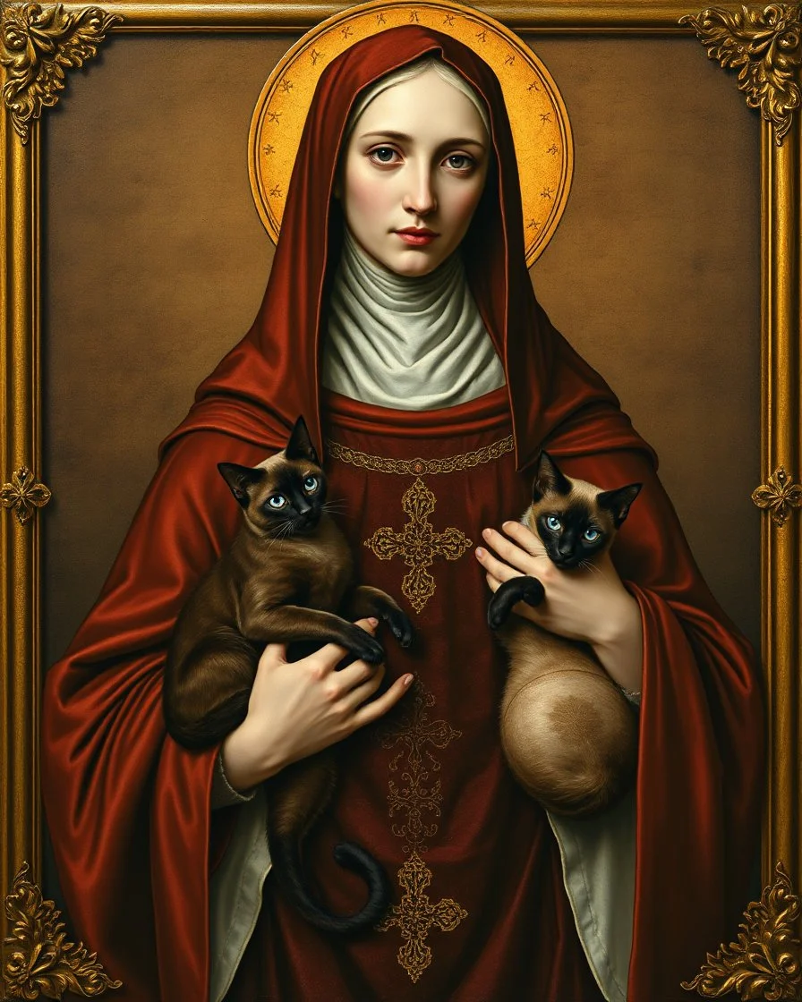 hauntingly illuminated medieval portrait of Saint Gertrude of Nivelles, her serene yet commanding presence radiating from the gilded frame as if stepping through time. Dressed in flowing 7th-century abbess robes of deep burgundy and gold, she cradles two sinuous Oriental Shorthair chocolate point Siamese cats like sacred relics—their piercing blue eyes glowing like sapphires against velvety sepia fur, their angular faces turned toward her with feline reverence. One paw rests on her embroidered s