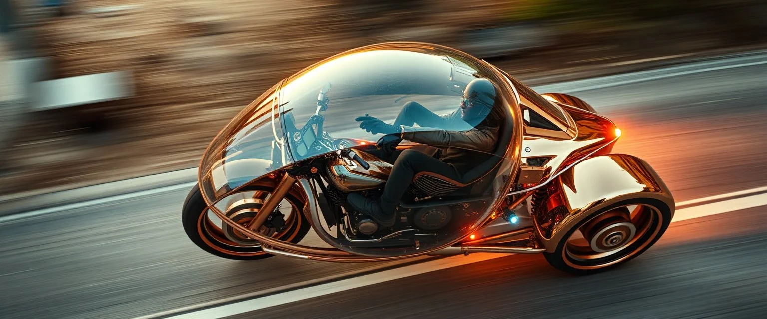 seen from above, tattoo style, motion blur, airbrush art, elon musk riding inside an awesome trike spaceship in copper, fast one in the shape of a transparent snail , now its gonna do an awesome gig , bokeh like f/0.8, tilt-shift lens 8k, high detail, smooth render, down-light, unreal engine, prize winning