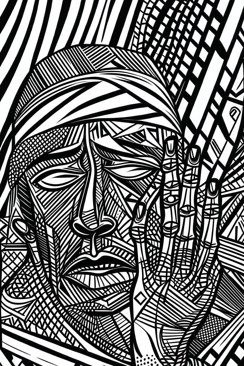 tribal man in grief with hands on face crazy shapes pencil draw style of roy lichtenstein