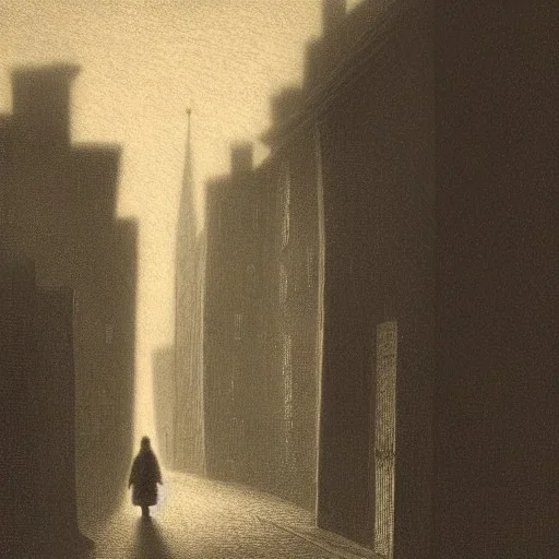 A Person in black cloak, walking through the dark street in night, Great Britain, 19th century. Digital art.