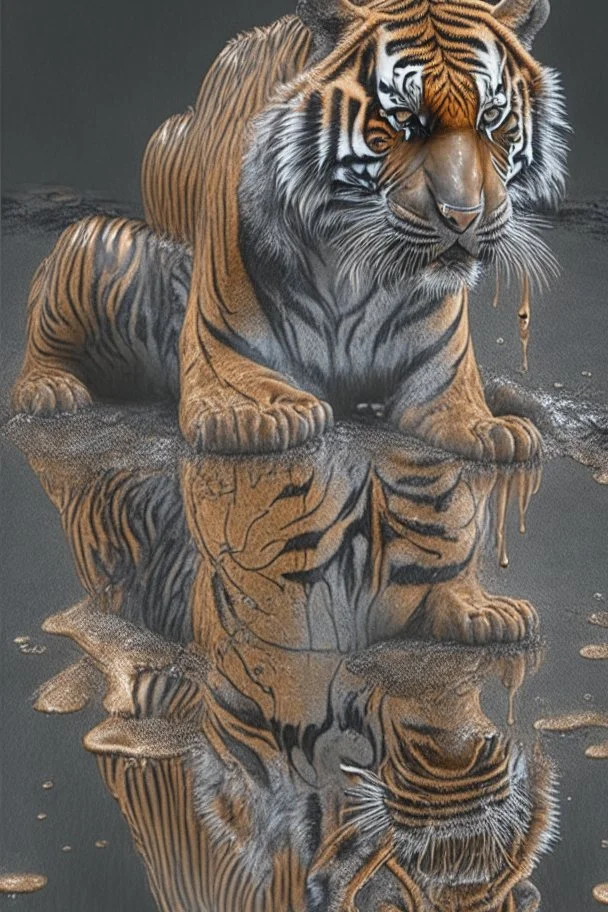 full body portrait, a hyper-realisitc tiger melting into a puddle of liquid, hyper-realistic natural form, full body, highly detailed melting details, emotional expression, detailed emotions, hyper detailed melting of the animal to the ground, engraved fur details, anatomically correct animal, dark colour tone, epic colour treatment, cinematic colour treatment, meticulously intricate perfectly symmetrical extremely detailed, pixiv daily ranking, pixiv, extreme depth of field, artstation, sculptu