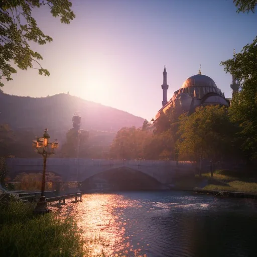 Sultanahmet, spring, sunset, fantasy art, waterfall, lake and blue sky, realistic, unreal engine 5, octane render, cinema4d