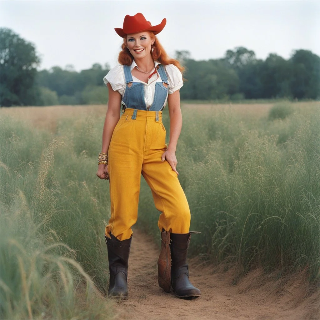 [photo by Russ Meyer] Grown up Pippi Longstocking: with a revealing overalls and cowboy boots in a field