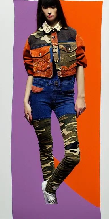 Model, woman. sérigraphie on denim with orange,terracotta, cream and purple colors. Camouflage patterns are screen printed on denim. Brunette woman in her 30's. thick thighs, thick calves, flat belly, wide hip. Mantle is sewed of recycled Denim and sewed together of camouflage pieces. . It is with big bright purple felt tippet and cream-colored-hood. mantle is merged with satchel. . AKG-style headphones (gold rings!) is merged with small felt cap with small visor. Style: Haute Couture in 1936