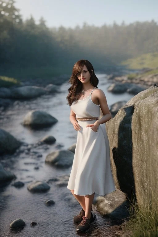 realistic, portrait and full body of a woman standing next to rocky river in country side, beautiful face with nice make up, sunlight, cinematic light, bangs, a beautiful woman, beautiful eyes, brown curved hair, perfect anatomy, very cute, princess eyes , (blue eyes) , nice sport shoes ,Centered image, stylized, life size,8k Resolution, low-cut dress with small blue details, human hands, wonder full, elegant, approaching perfection, dynamic, highly detailed, character sheet,