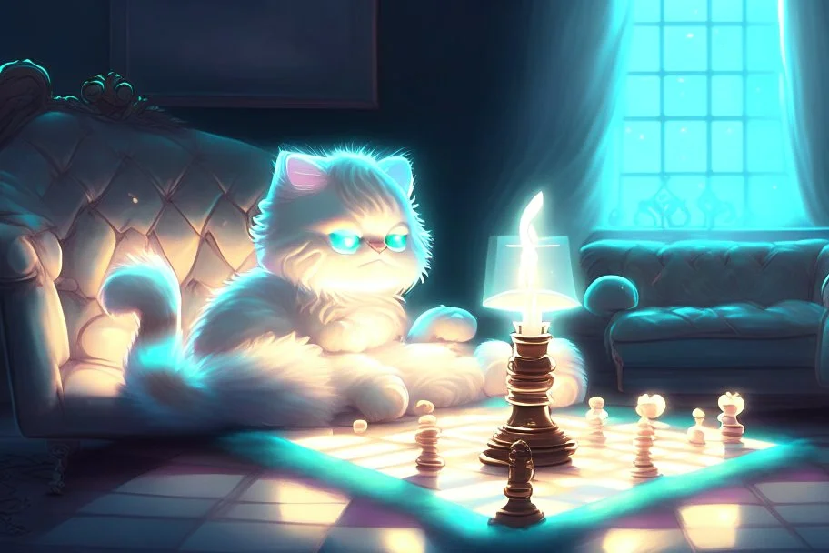 cute chibi fluffy beige bioluminescent cat playing chess sitting on a sofa next to a glowing tiffany lamp in a modern room