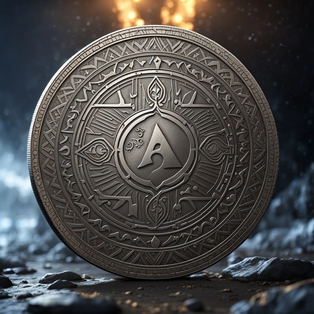 a silver coin called a moon standing on edge. a silver moon in the middle. ancient viking runes. flat coin. show one whole coin front on at a distance. fantasy concept art, exquisite realism, a masterpiece, dynamic lighting, hyper detailed, intricately detailed, deep color, Unreal Engine, volumetric lighting , Epic cinematic brilliant stunning intricate meticulously detailed dramatic atmospheric maximal,