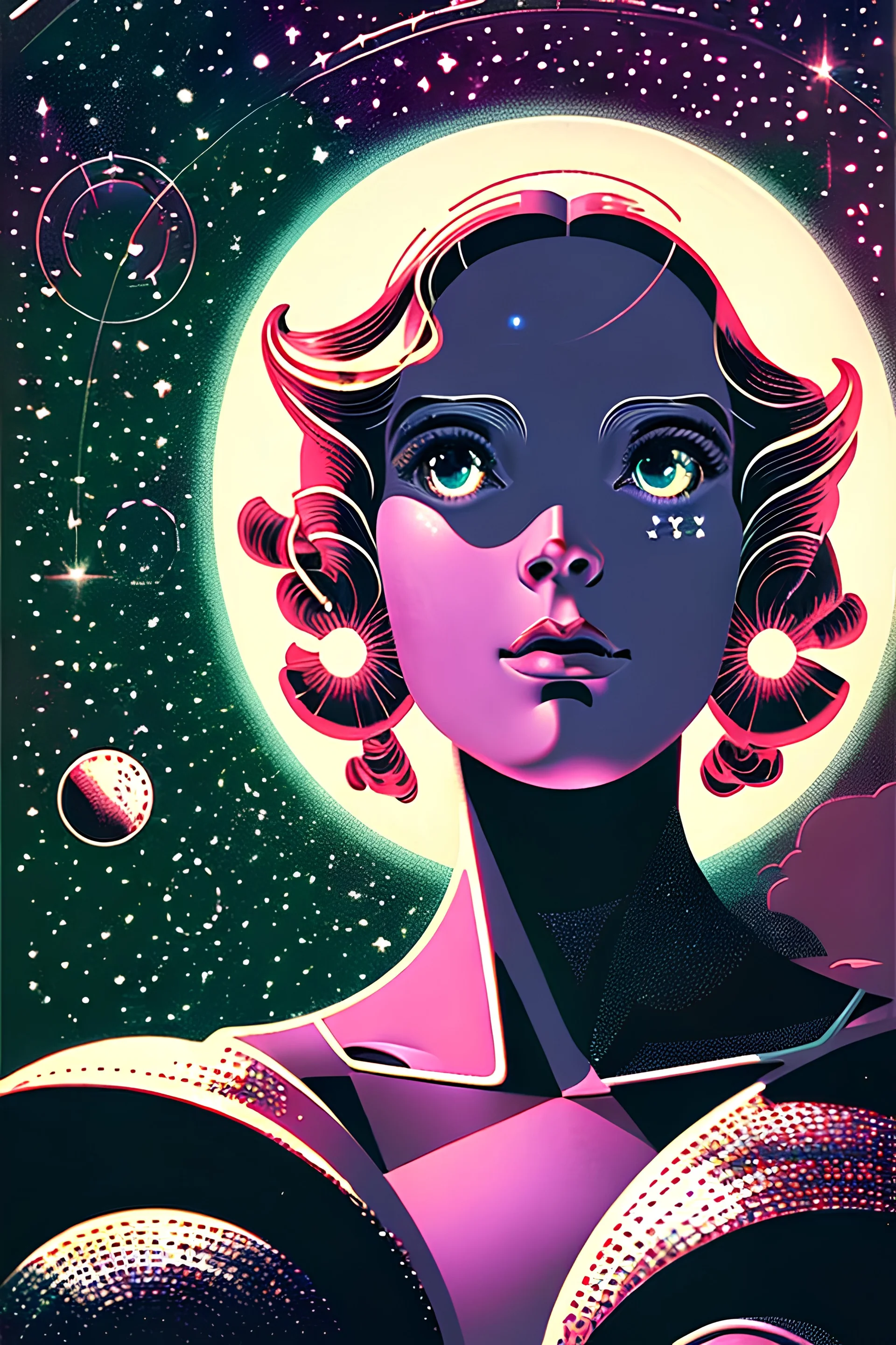 science fiction, girl looking up at stars, portrait, illustration, by virgil finlay, retro, stars, retro , high details, intricate details, by vincent di fate, artgerm julie bell beeple, 60s, inking, vintage 60s print, screen print,8k ,film noir, vivre sa vie, a bout de souffle,redhead,green eyes, fantastic setting and otherworldly, intricate scene with lots of details