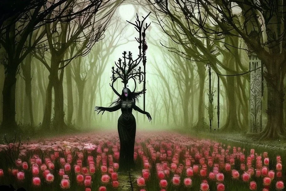 night, forest, flowers, gothic horror influence, epic