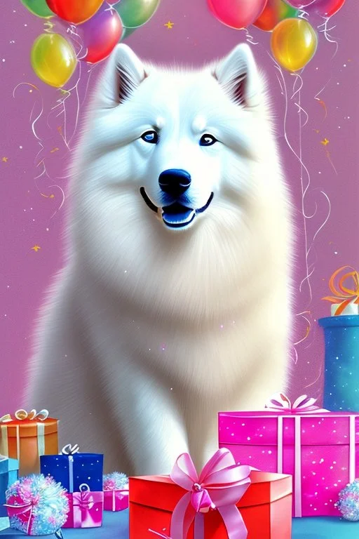 Cute, fluffy, happy looking white Samoyed dog, colorful, summer time, birthday, festive atmosphere, detailed, congratulating