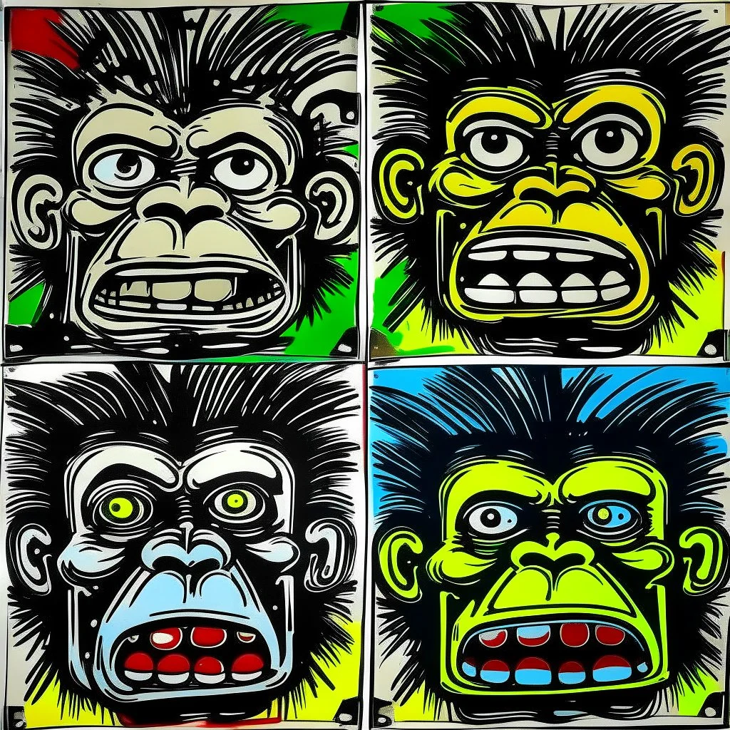 4 angry monkey faces, by Jean-Michel Basquiat and Andy Warhol, acrylic painting