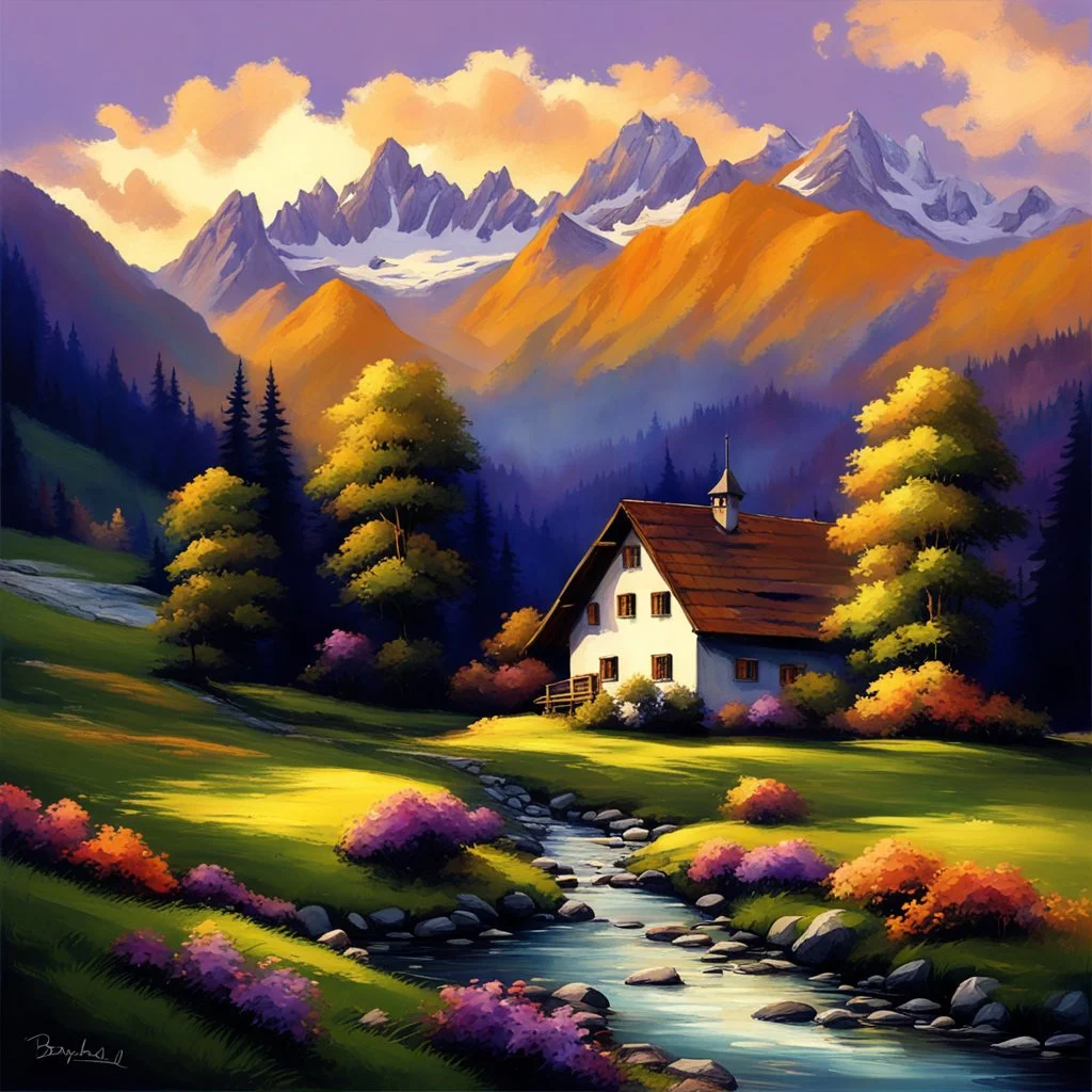 Bavarian Alps" Artist: Heinrich Bürkel Style: Romantic Realism Color Palette: Soft hues of blue and purple for the distant mountains, lush greens for the rolling hills, and warm tones of gold and orange for the sunlight filtering through the clouds, capturing the majestic beauty of the Bavarian Alps. Prompt: "Embark on a visual journey through the breathtaking splendor of the Bavarian Alps with Heinrich Bürkel's 'Bavarian Alps.' As a master of Romantic Realism, Bürkel transports viewers to a rea