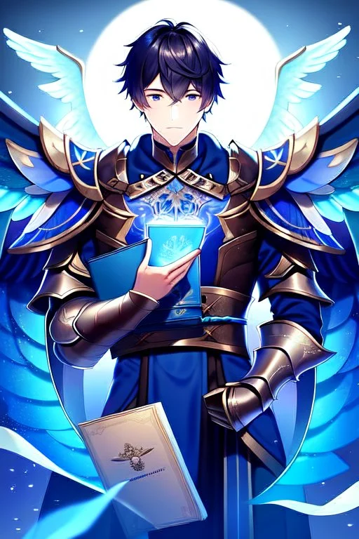 a person in runic armor with blue wings, blue short hair, runic tattoo and spell book, male