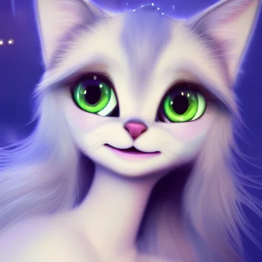 Cute beautiful princess cat girl in a fantasy world; sparkling eyes with long beautiful lashes, magical world, extremely detailed long curly fur, high quality picture, beautiful full volumetric lighting, cinematic shimmering illumination, brilliant coloring, smooth, sharp focus, crispy quality, vray; Pixar, Disney, Artstation; HD, HDR, SF, CGSociety, 16k, photorealistic, unreal engine