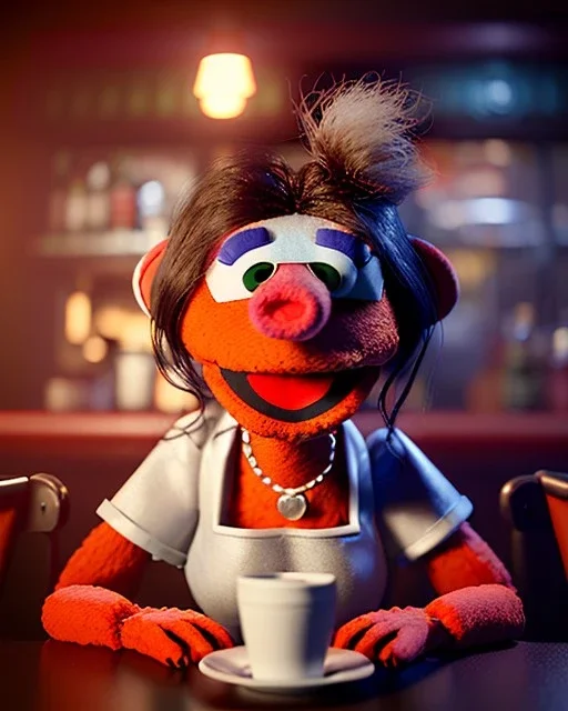 Pub scene, hybrid character, waitress woman with monster muppet mask that covers her entire head, retro style, Sesame Street style, smooth, unreal engine 5, god lights, ray tracing, RTX, lumen lighting, ultra detail, volumetric lighting, 3d.