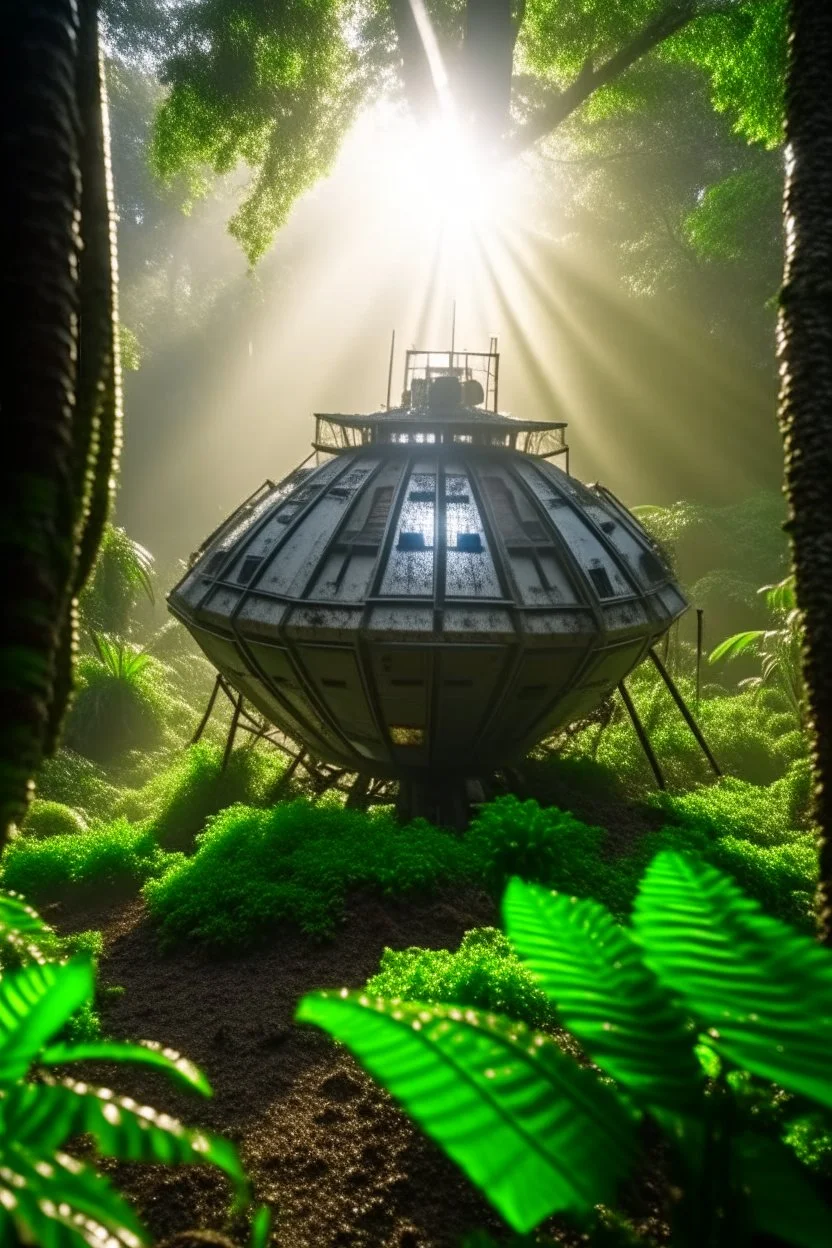 clos up on iss space station in the middle of brazilian jungle, crashlanding, depth of field, light rays, mist