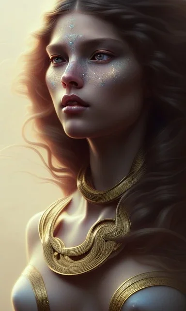 snake goddess , beautiful, long hair, wavy hair, curly hair، black eyes, head and shoulders portrait, cinematic, 8k, resolution concept art portrait by Greg Rutkowski, Artgerm, WLOP, Alphonse Mucha dynamic lighting hyperdetailed intricately detailed