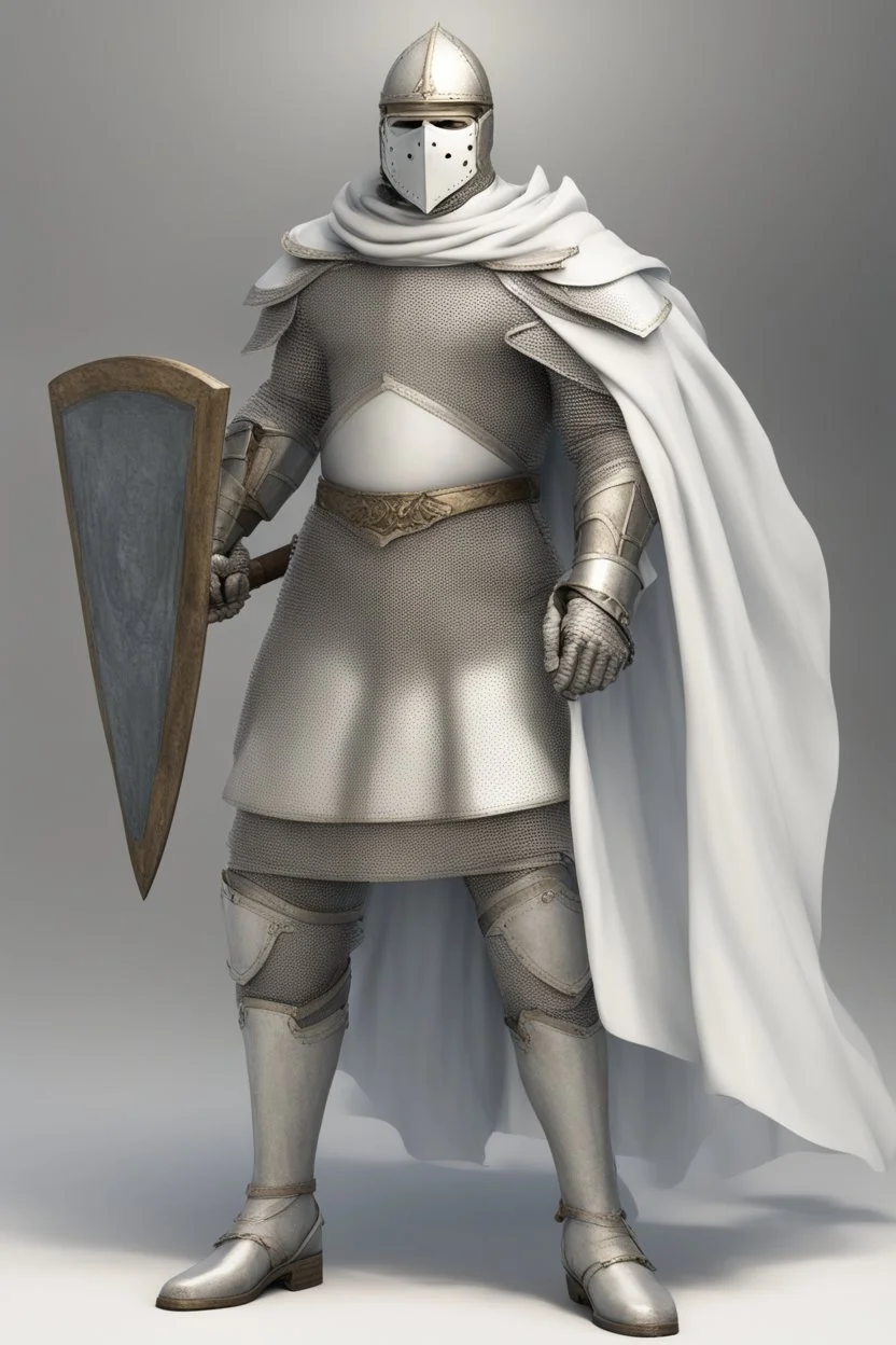 Knight wearing white chainmail armor and white cape with white mask, holding a spear