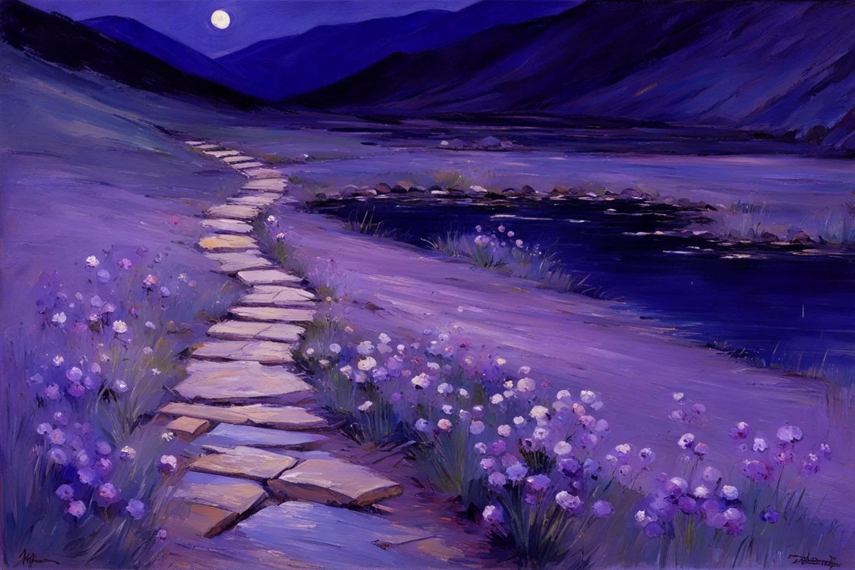 Night, purple flowers, pathway, mountains, rocks, little puddle, theodore robinson impressionism painting