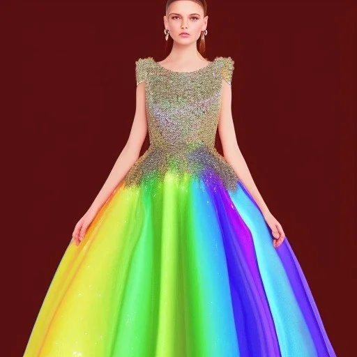 Glittery rainbow ball gown, full view