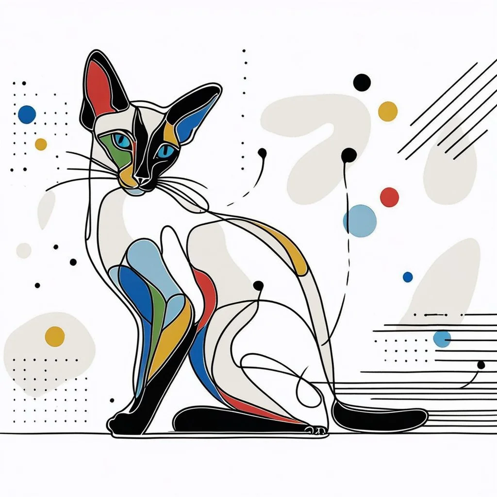 Create an abstract, minimalist Oriental shorthair Siamese cat using continuous line art. The Oriental shorthair Siamese cat is stylized and simplified to the most basic forms, with exaggerated features. adorned with splashes of primary colors. The background should be clean and mostly white, with subtle geometric shapes and thin, straight lines that intersect with dotted nodes and overlap the figures. The overall aesthetic should be modern and artistic.