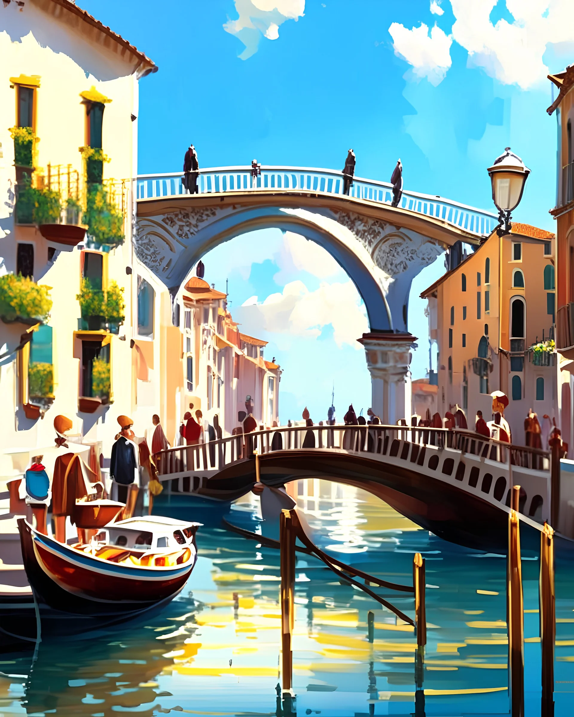 Pintura al óleo arte renacentista de Venecia canal puente peatonal gente cielo soleado obra de arte 4k