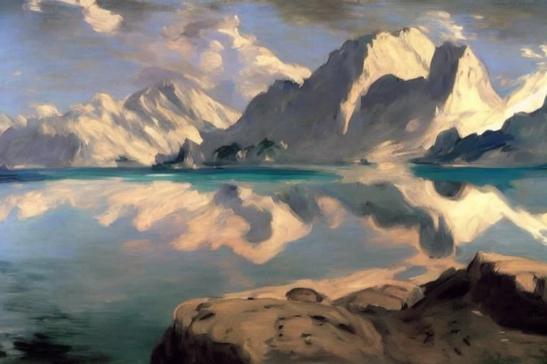 clouds, mountains, lake, lake reflections, rocks, edouard manet and frederic bazille painting