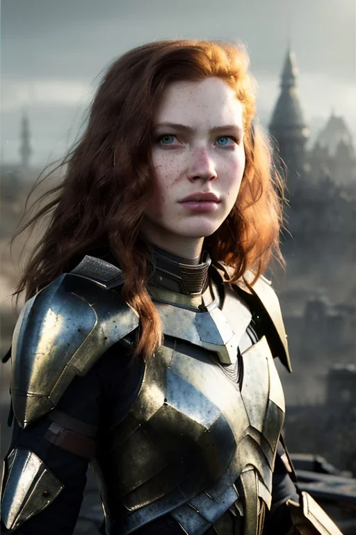 ultrarealistic, concept art, panoramic, ruined city,__intricate fantasy armor__, no star, __angles__, 18 year old woman, strikingly beautiful,ginger hair, _colour_, (pale __skincolor__ skin:1.2), __camera__, long hair, detailed face and eyes, medium breasts, sci-fi theme, freckles, dynamic pose, resolved expression, __accessory__, strappy outfit, (straps:1.1), sword in scabbard on left hip, (buckles, buttons, snaps, rings:1.0), haltertop style breastplate, detailed eyes, plump lips