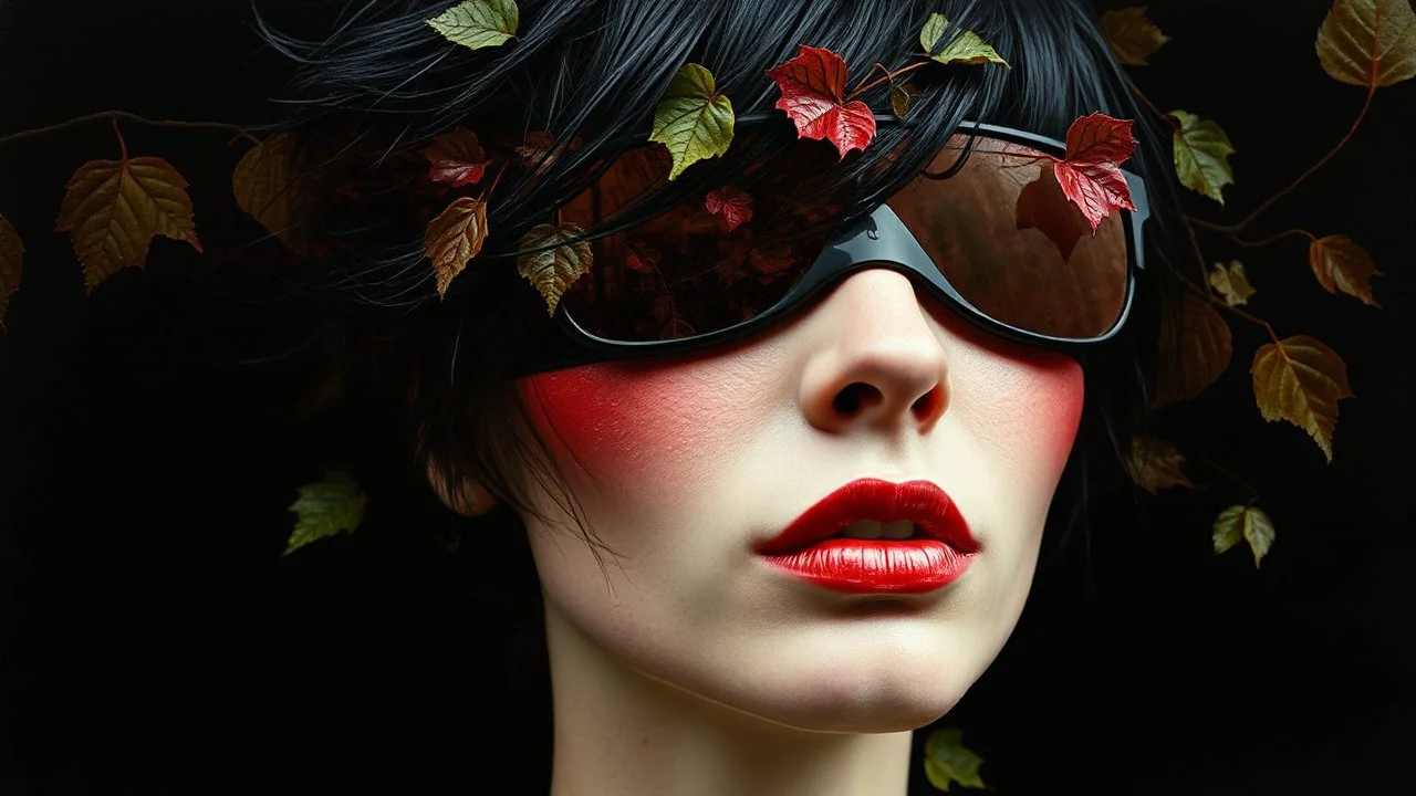 Autumn, Thomas Ligotti, Mannequin World, In Space They Can't Hear You Scream, Dave McKean, Inspired by Zdzislaw Beksinski's Nightmare Paintings, Wassily Kandinsky, Double Exposure, Gnostic Tragedy, Sinister, Woman, Messy Black Hair, Made of Shiny Texture, Sunglasses on Head, Red Blush, Blindfolded, Half Smirk, Vine Design, Raspberry, Surreal, Futuristic, Black Open Background, Peach Skin, Leafy Textures, Shiny Plastic, Organic Aesthetics, Rose Red Tint, Green Leaves, Alien Design, Mutant Structu