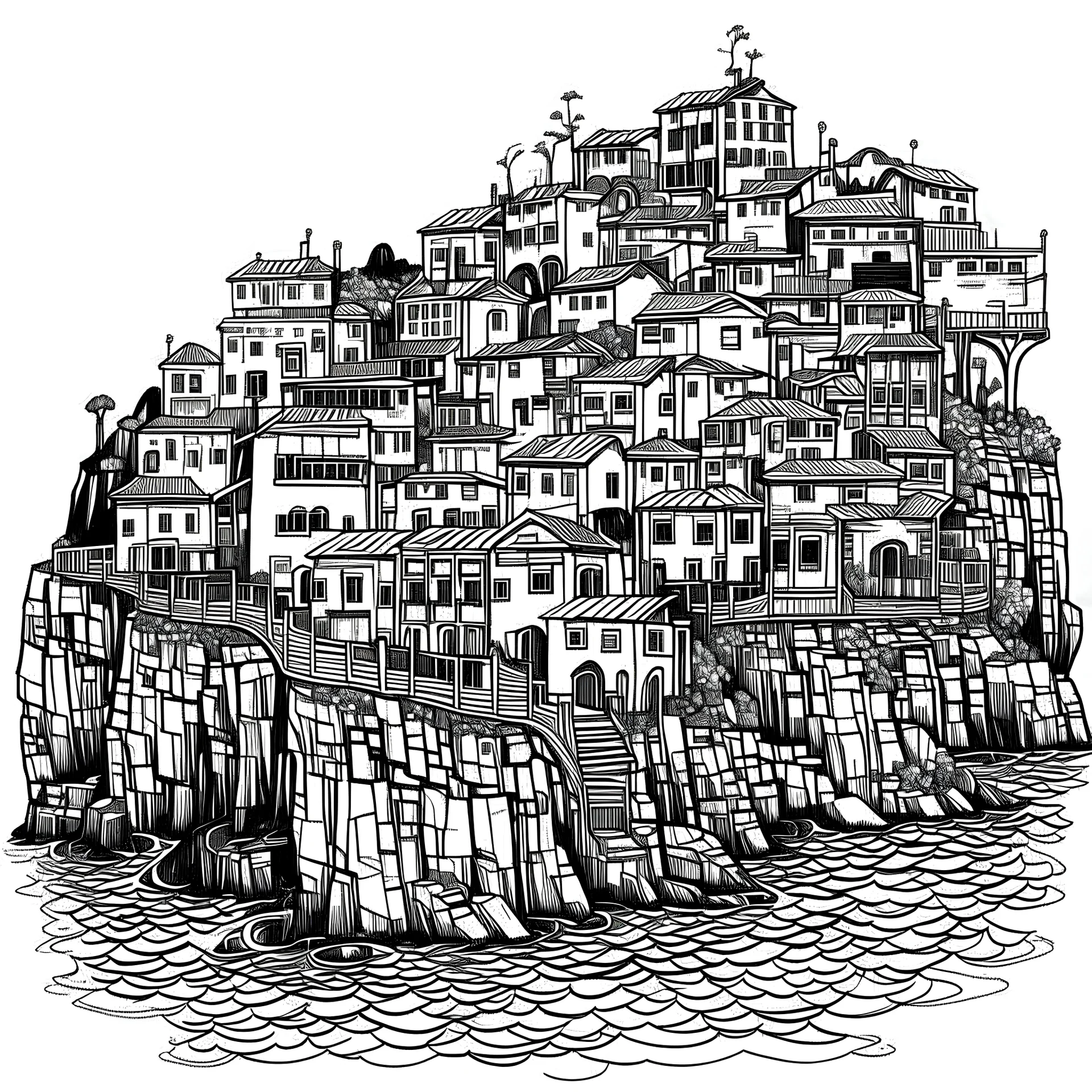 A crowded houses on a steep cliff high above water, black and white, line art