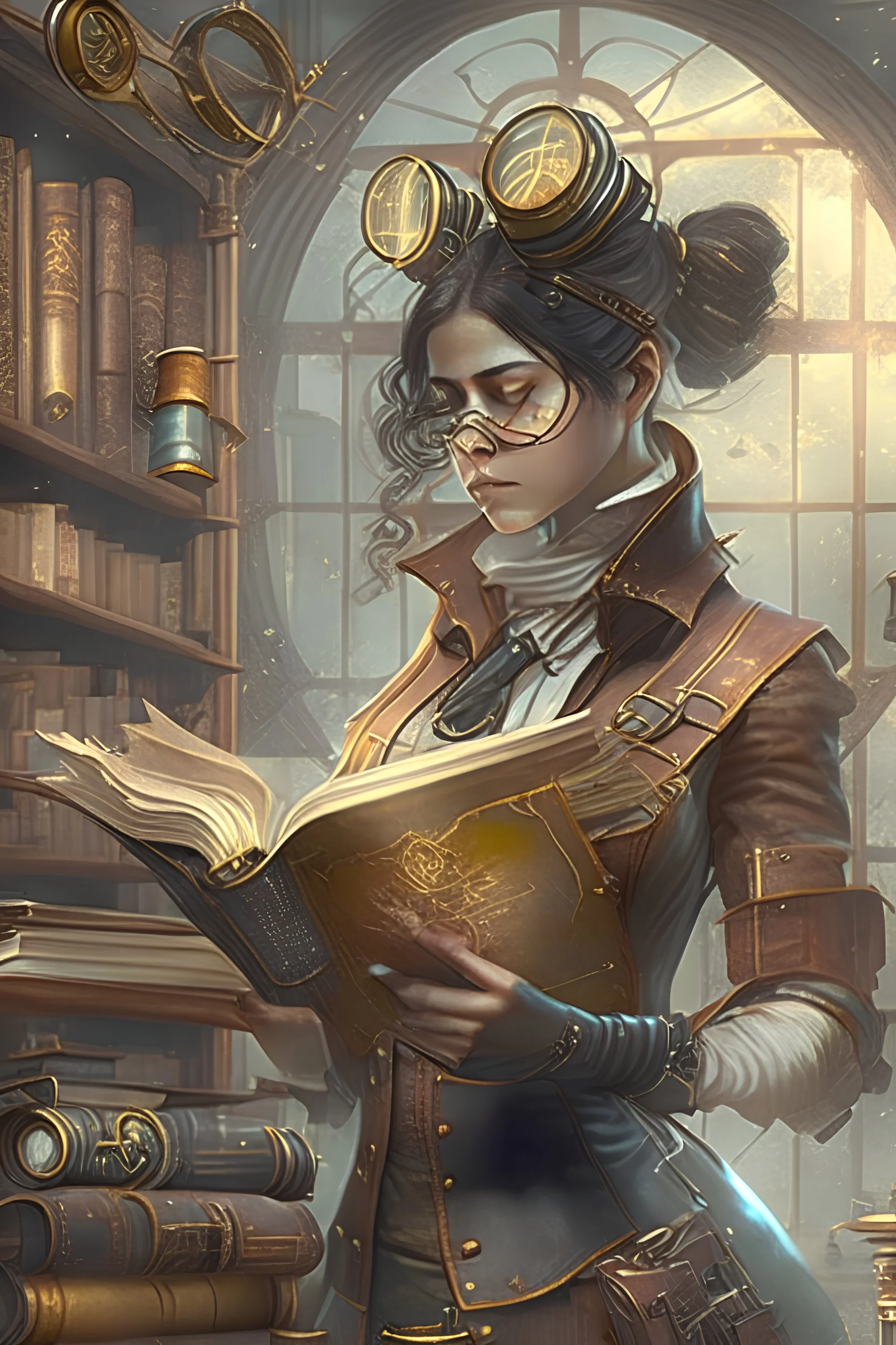 Steam punk style of picture, realistic and aesthetically pleasing, it should depict research a female protagonost and a lot of books