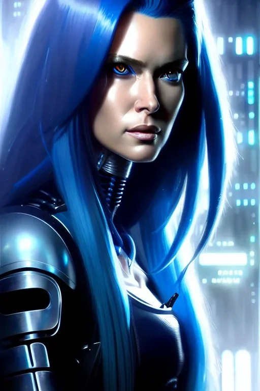 hiper realista, hiper detalhado, retrato de corpo inteiro, no estilo cyberpunk, de uma mulher incrivelmente bonita com implantes biônicos, cabelos compridos azuis, olhos brilhantes, arte de greg rutkowski, artgerm, wlop, rossdraws, boris vallejo