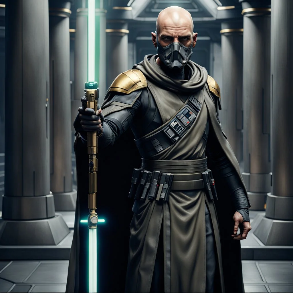 star wars bald male corellian pilot wearing pearlescent black and gunmetal grey First Order special forces heavy assault stealth commando armor and helmet with gold trim inside the jedi temple, hyperdetailed, dynamic lighting, hyperdetailed background, 8k resolution, volumetric lighting, light skin, fully symmetric details