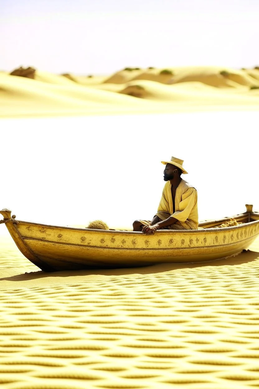 African man , rowing small boat in desert sand