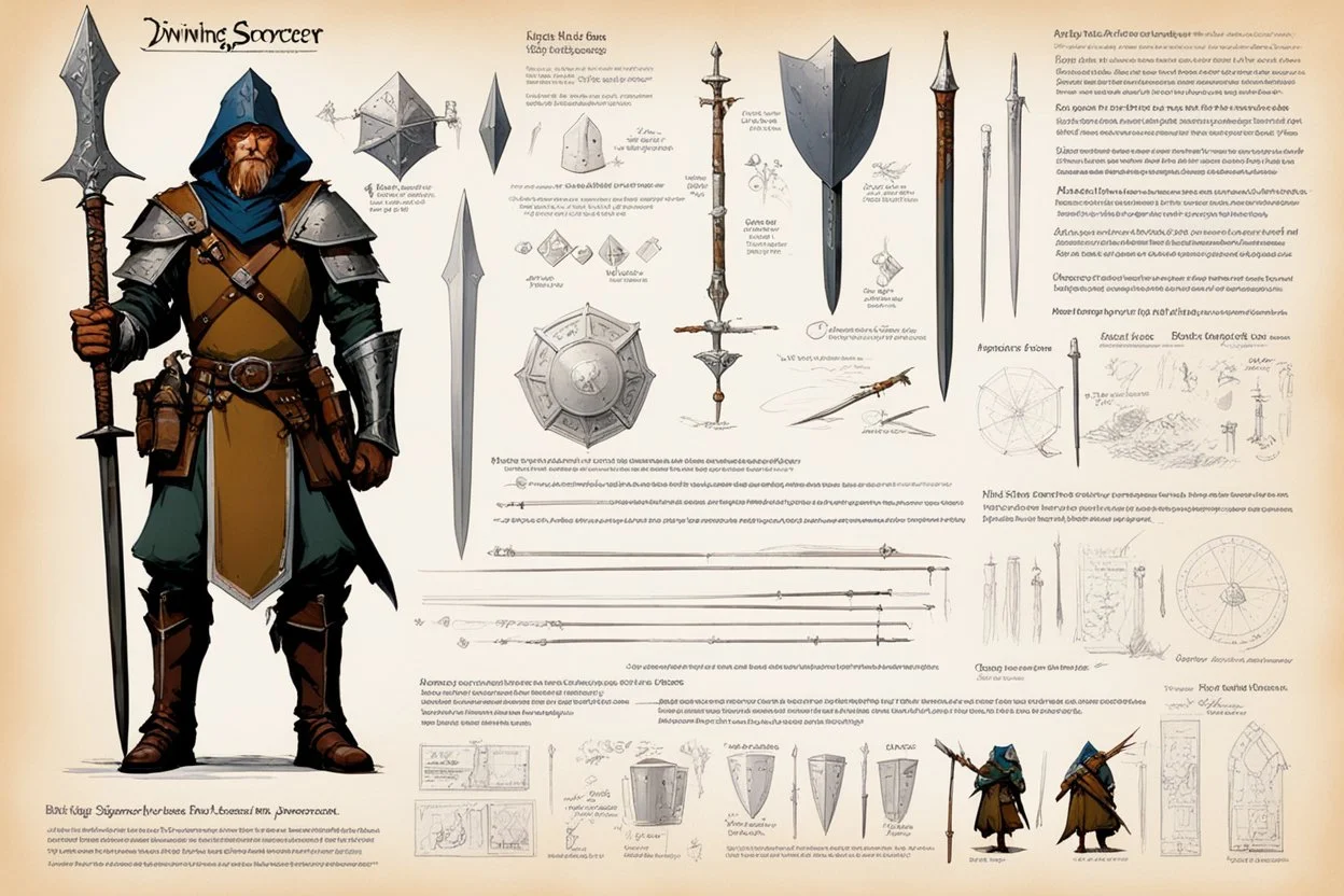 RPG kit design sheet brief.[illustration by Angus McBride] detailed instructions and diagrams for the kit of a Rain Sorcerer: divining rod, sliver dagger, leather armour, backpack, needles