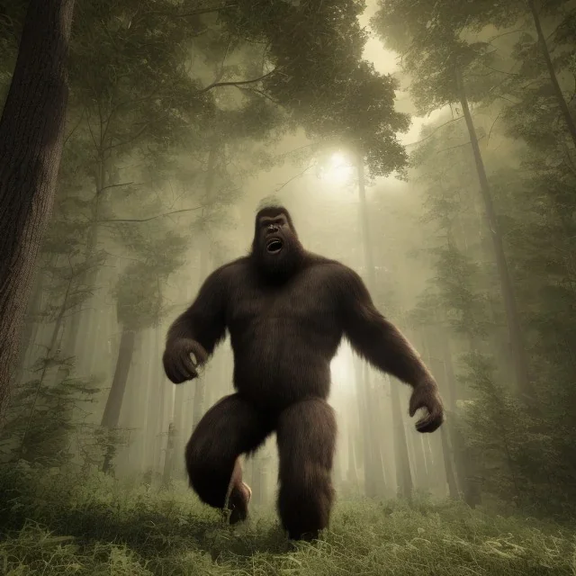 huge giant human hybrid bigfoot, grey black, destroying a tree in forest, angry, big muscles, big teeth, eating deer