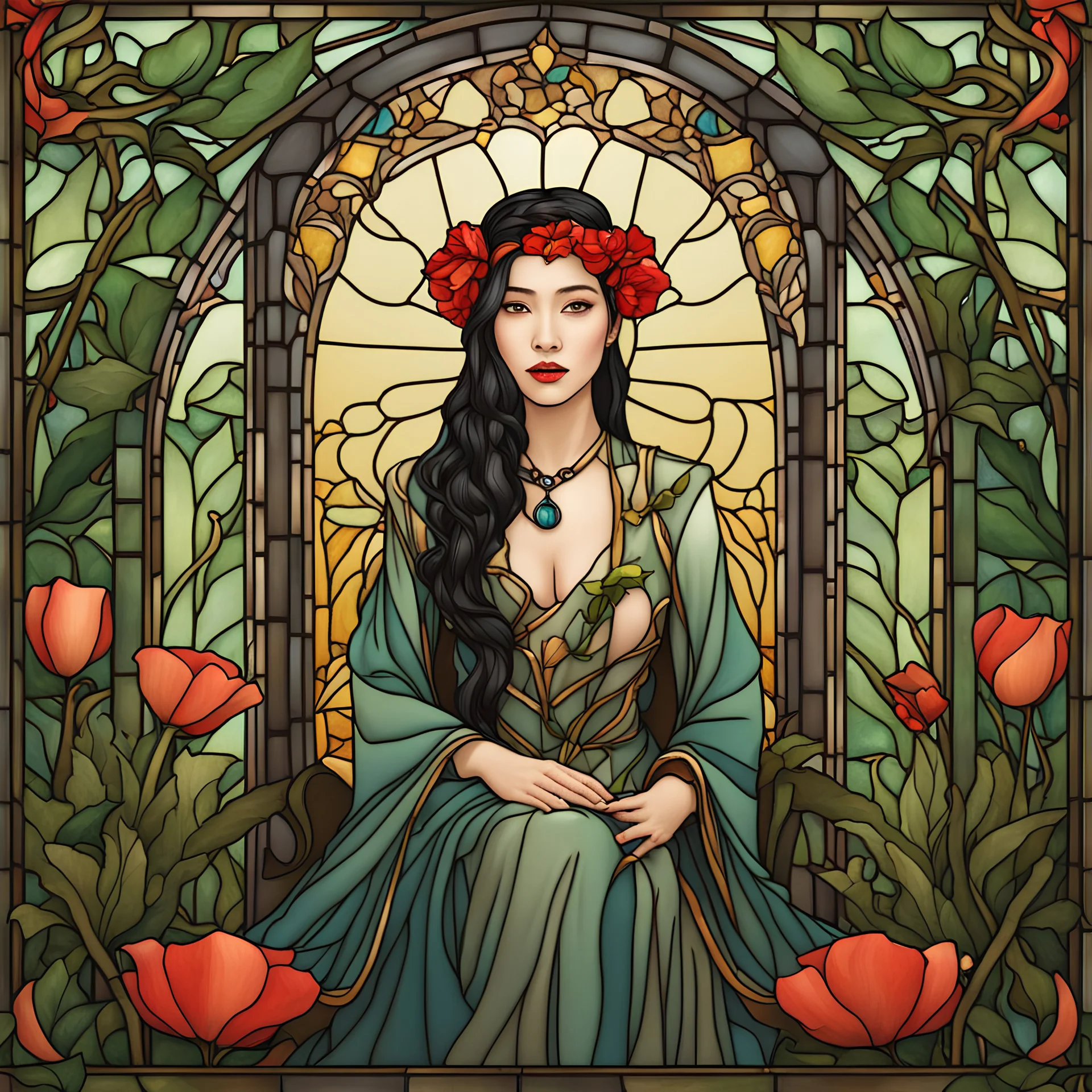 Stained Glass Art Nouveau art style A beautiful as a model asian woodland elf princess who looks like a young Lucy Liu seated on a throne surrounded by poppies and marijuana leaves in a mystical forest, photo-realistic